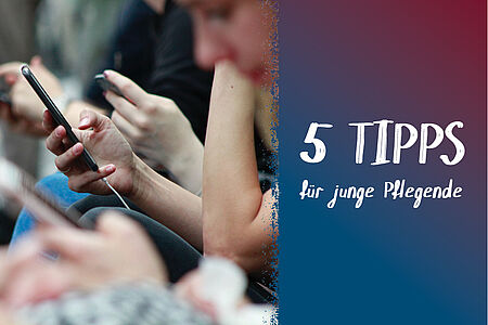 Die Hände einer Gruppe Menschen, die alle ein Smartphone halten,  daneben der Titel der Reihe "5 Tipps"
