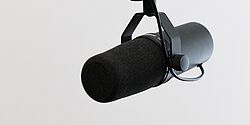 Schwarzes Mikrofon vor weißem Hintergrund.