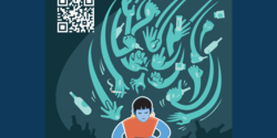 Plakat des Programms "Hilfen im Netz" der Organisation NACOA Deutschland e.V.. Auf dunklem Hintergrund sitzt ein Kind im Schneidersitz und guckt auf sein Handy. Geister fliegen um das Kind herum, sie signalisieren die Gefahren, die im Netz für Kinder lauern. 