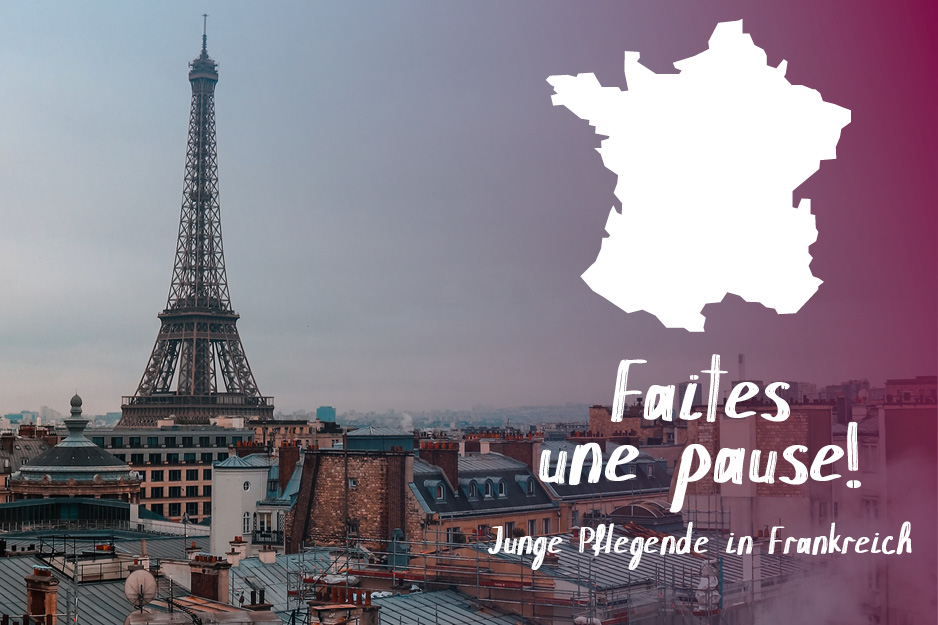 Die Skyline von Paris, darüber die Grafik einer Karte von Frankreich und der Titel der Reihe "Press Pause!"